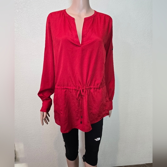 LRL Ralph Lauren Top Large Adult Red V Neck Peplum Blouse Long Sleeve Womens Med - Picture 1 of 11